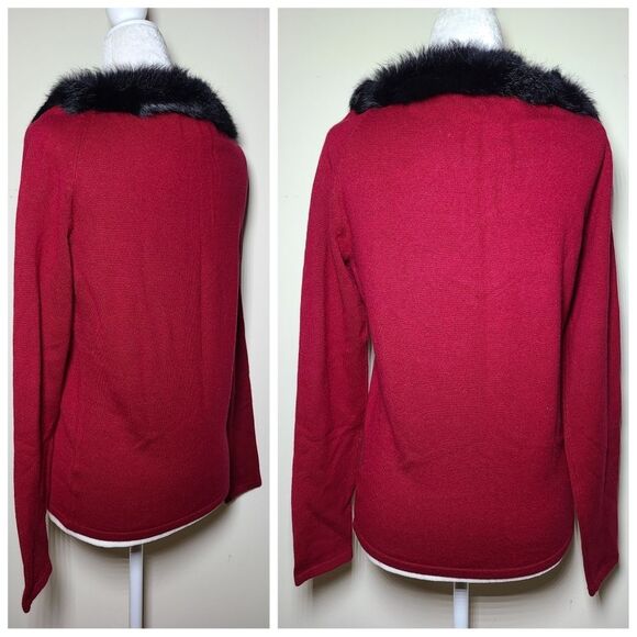 Folio|Genuine Rabbit Fur Collar Silk Cashmere Red Sweater, SMALL - Picture 2 of 4